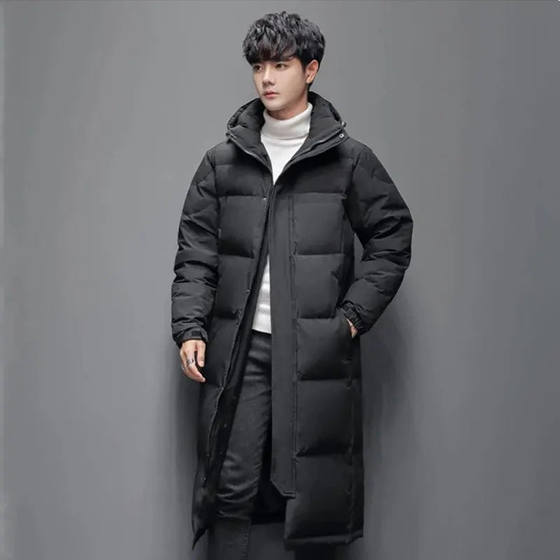 Long Hooded White Duck Down Coat — Below the Knee style-haven-vwag8