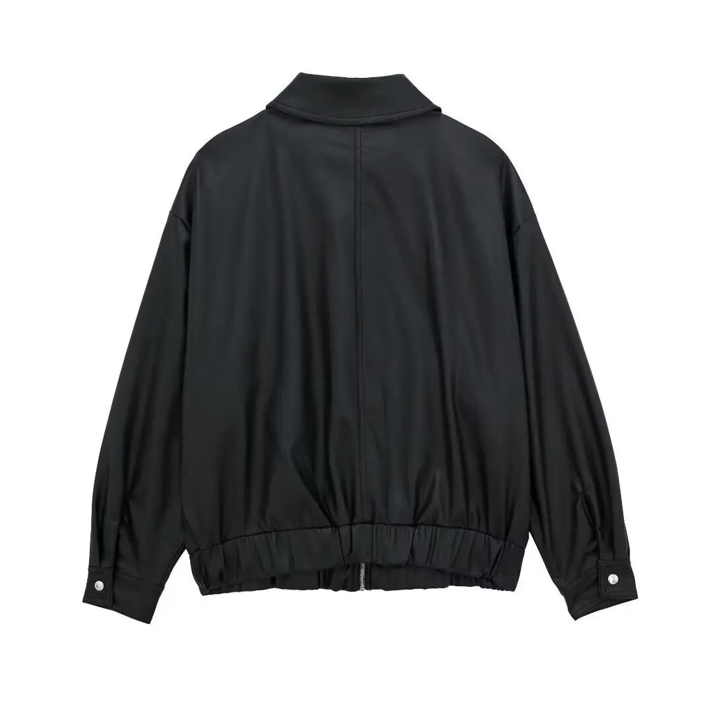 Women's Lapel Loose Faux Leather Bomber Jacket Coat Gear Hikes