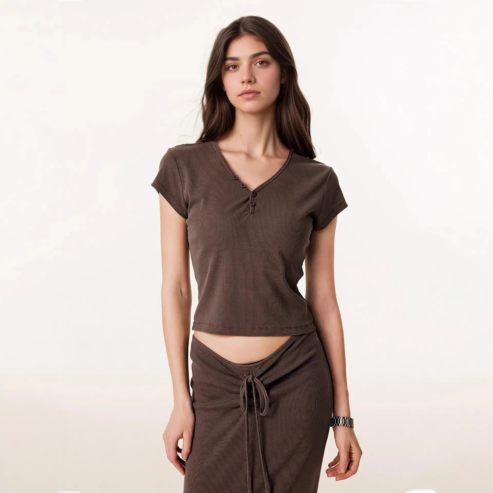 Small V-neck Drawstring Slimming Hip-hugging Skirt And V-neck Short-sleeve Top Womens New Set style-haven-vwag8