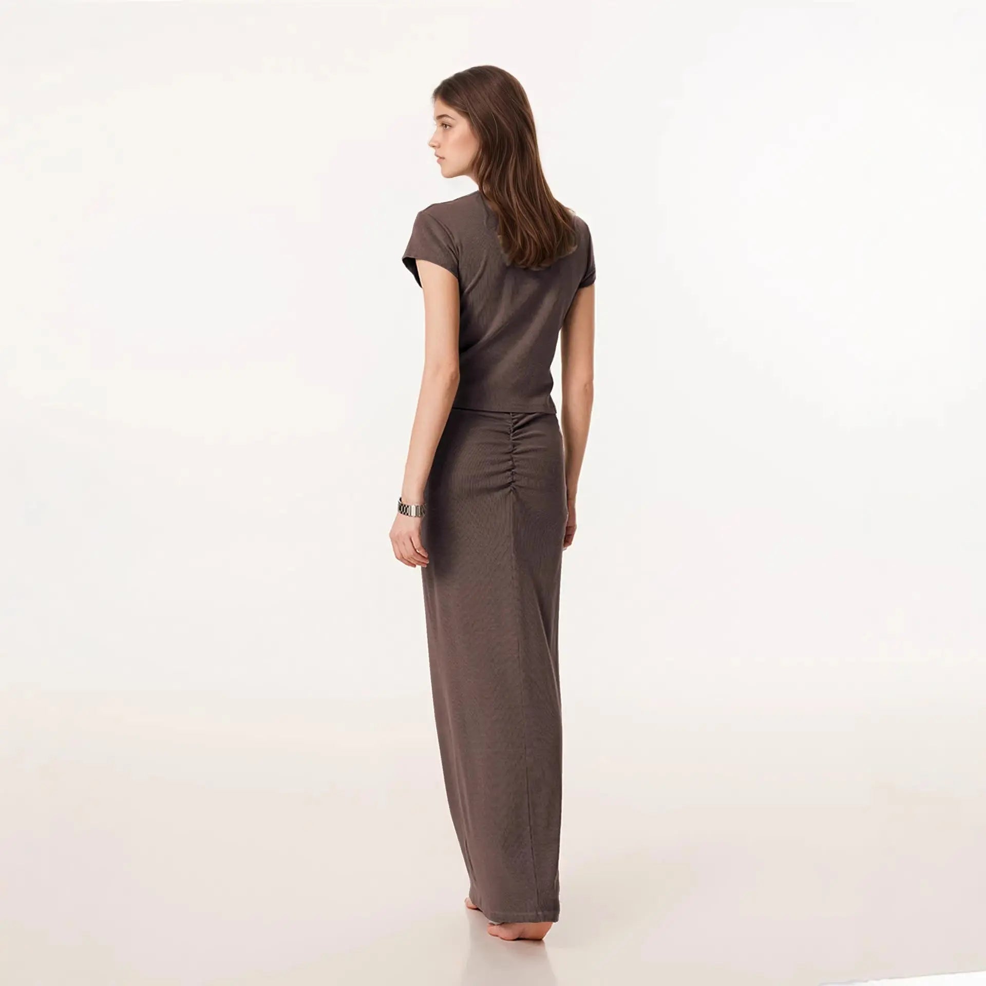 Small V-neck Drawstring Slimming Hip-hugging Skirt And V-neck Short-sleeve Top Womens New Set style-haven-vwag8