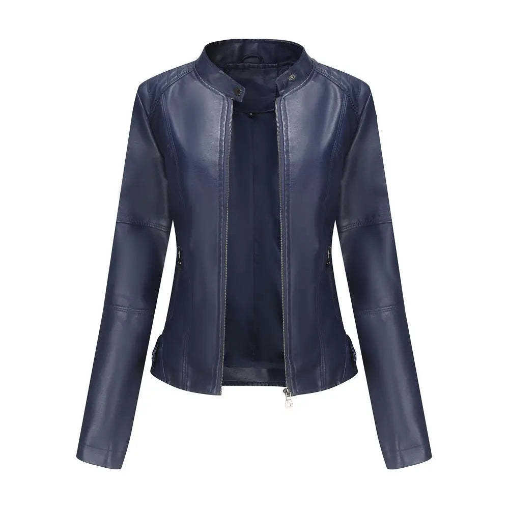 Women's Zip-up Leather Jackets Fashion Solid Color Pockets Stand Collar Top Outwear Clothing style-haven-vwag8