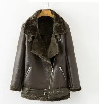 New Winter Fashion High Quality Artificial Fur Zipper Coat Pockets Warm Couples Sashes Leather Jackets Woman style-haven-vwag8