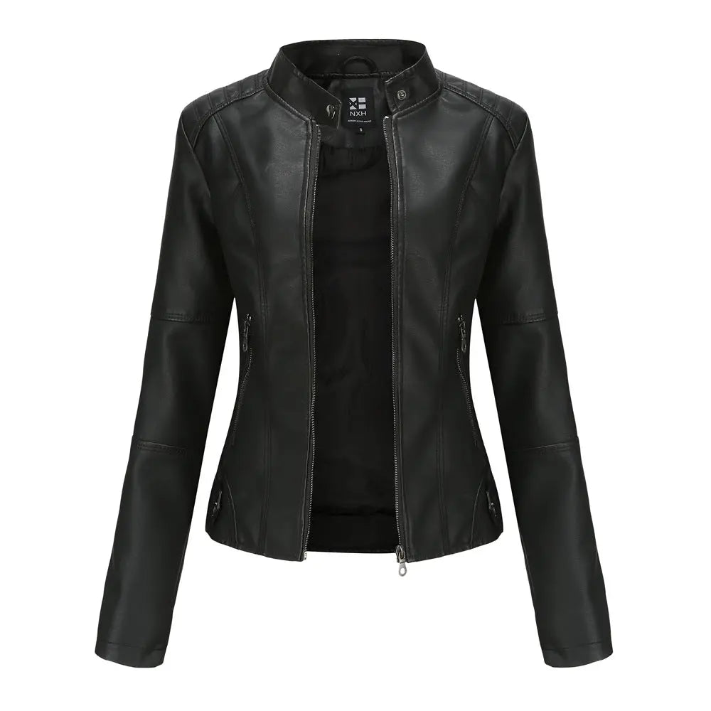 Women's Zip-up Leather Jackets Fashion Solid Color Pockets Stand Collar Top Outwear Clothing style-haven-vwag8