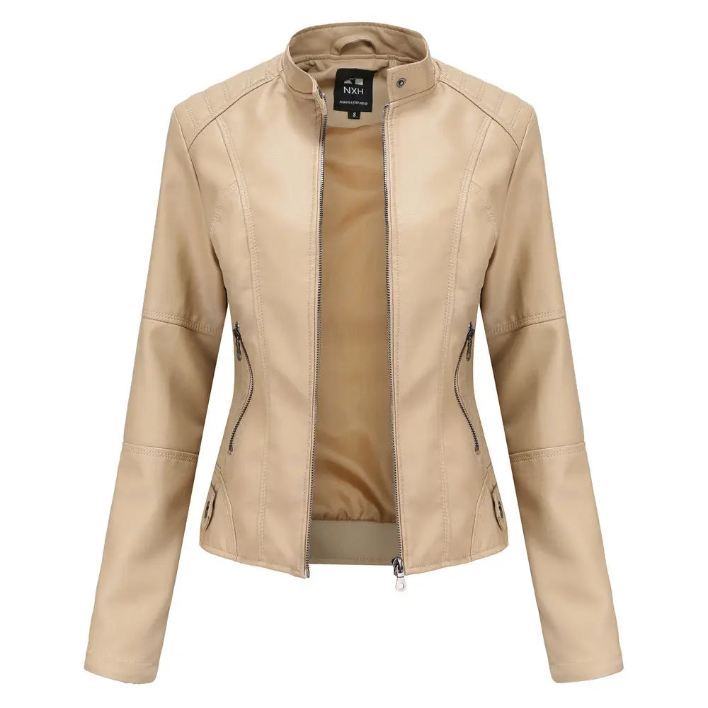 Women's Zip-up Leather Jackets Fashion Solid Color Pockets Stand Collar Top Outwear Clothing style-haven-vwag8