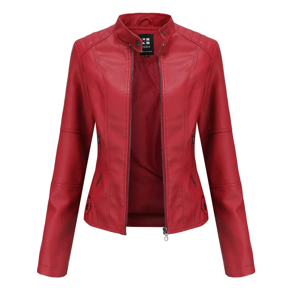 Women's Zip-up Leather Jackets Fashion Solid Color Pockets Stand Collar Top Outwear Clothing style-haven-vwag8