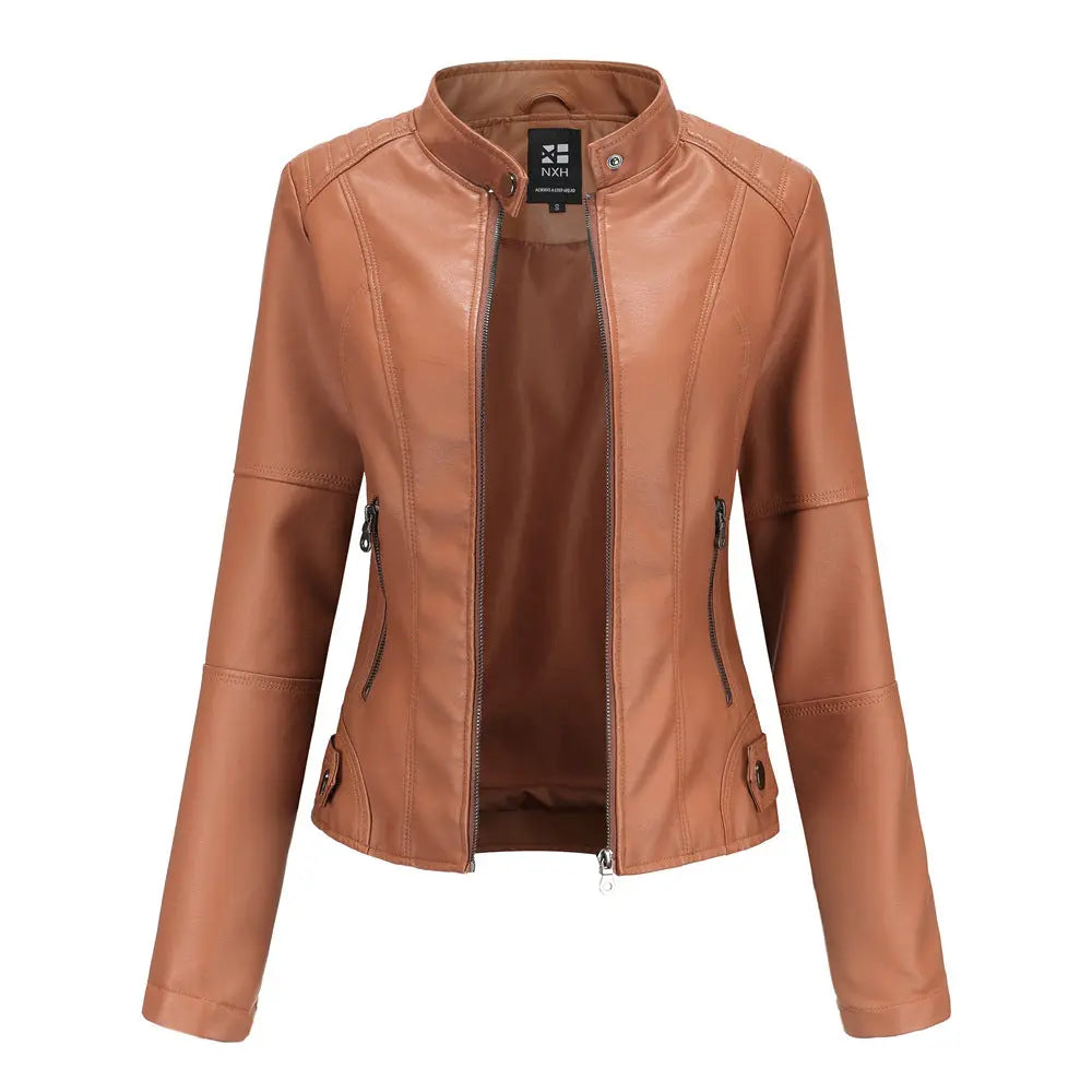 Women's Zip-up Leather Jackets Fashion Solid Color Pockets Stand Collar Top Outwear Clothing style-haven-vwag8