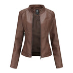 Women's Zip-up Leather Jackets Fashion Solid Color Pockets Stand Collar Top Outwear Clothing style-haven-vwag8