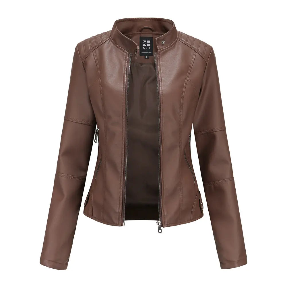 Women's Zip-up Leather Jackets Fashion Solid Color Pockets Stand Collar Top Outwear Clothing style-haven-vwag8