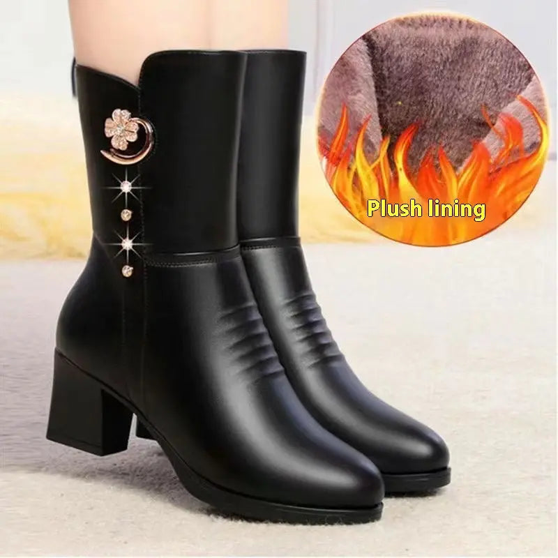 Cotton Boots Women's Soft Leather Martin Boots Mid-calf Women style-haven-vwag8