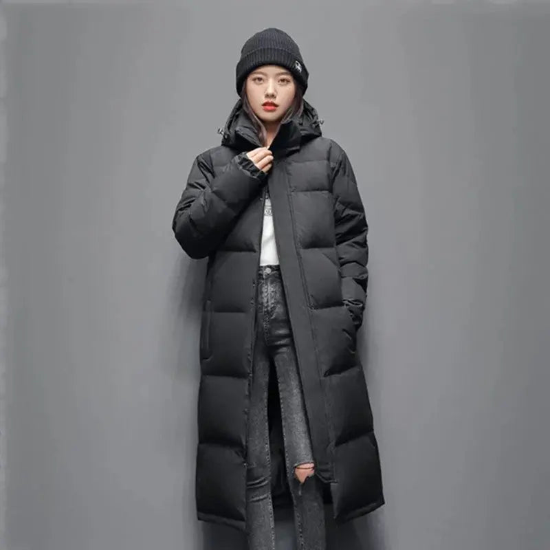 Long Hooded White Duck Down Coat — Below the Knee style-haven-vwag8