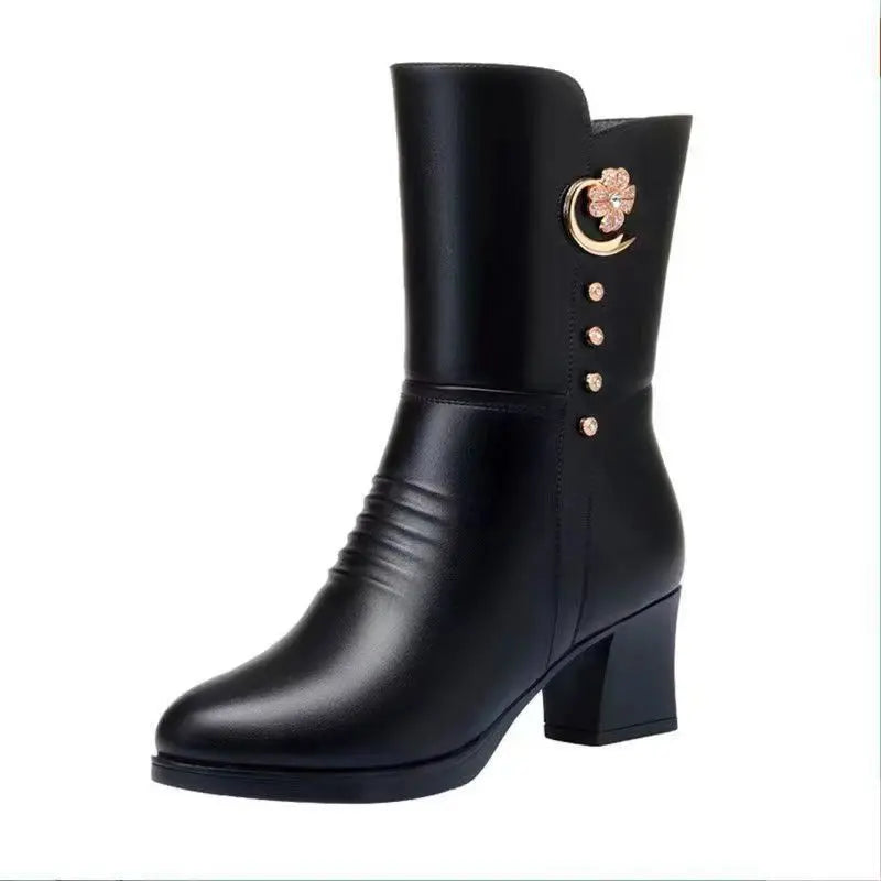 Cotton Boots Women's Soft Leather Martin Boots Mid-calf Women style-haven-vwag8