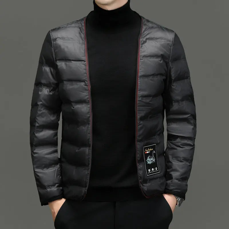 Men's White Goose Down Jacket — Polo Collar with Removable Liner style-haven-vwag8