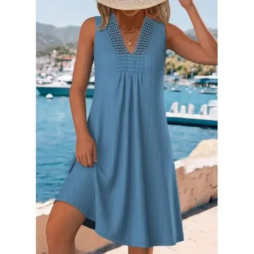 Modlily Dusty Blue Embroidery A Line Sleeveless V Neck Dress - L style-haven-vwag8