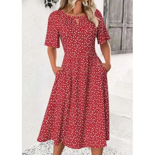 Modlily Red Polka Dot Short Sleeve Round Neck Dress - L style-haven-vwag8