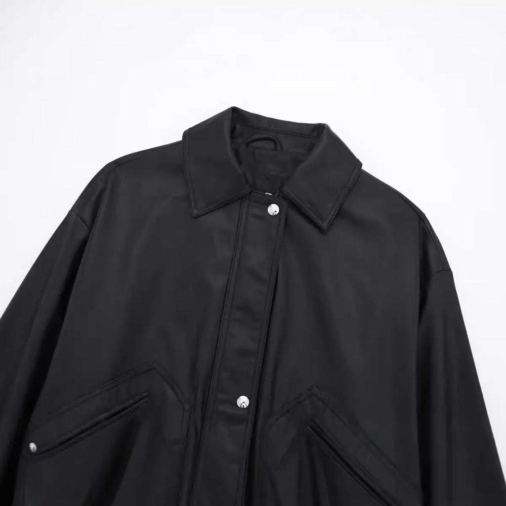 Women's Lapel Loose Faux Leather Bomber Jacket Coat Gear Hikes