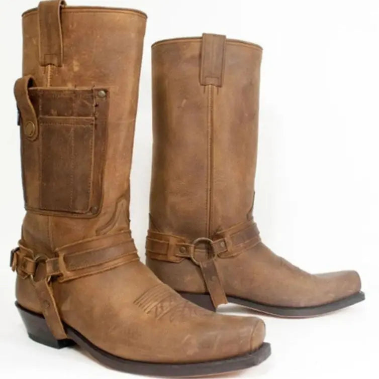 Embroidered Knight High-Heel Leather Mens Boots style-haven-vwag8