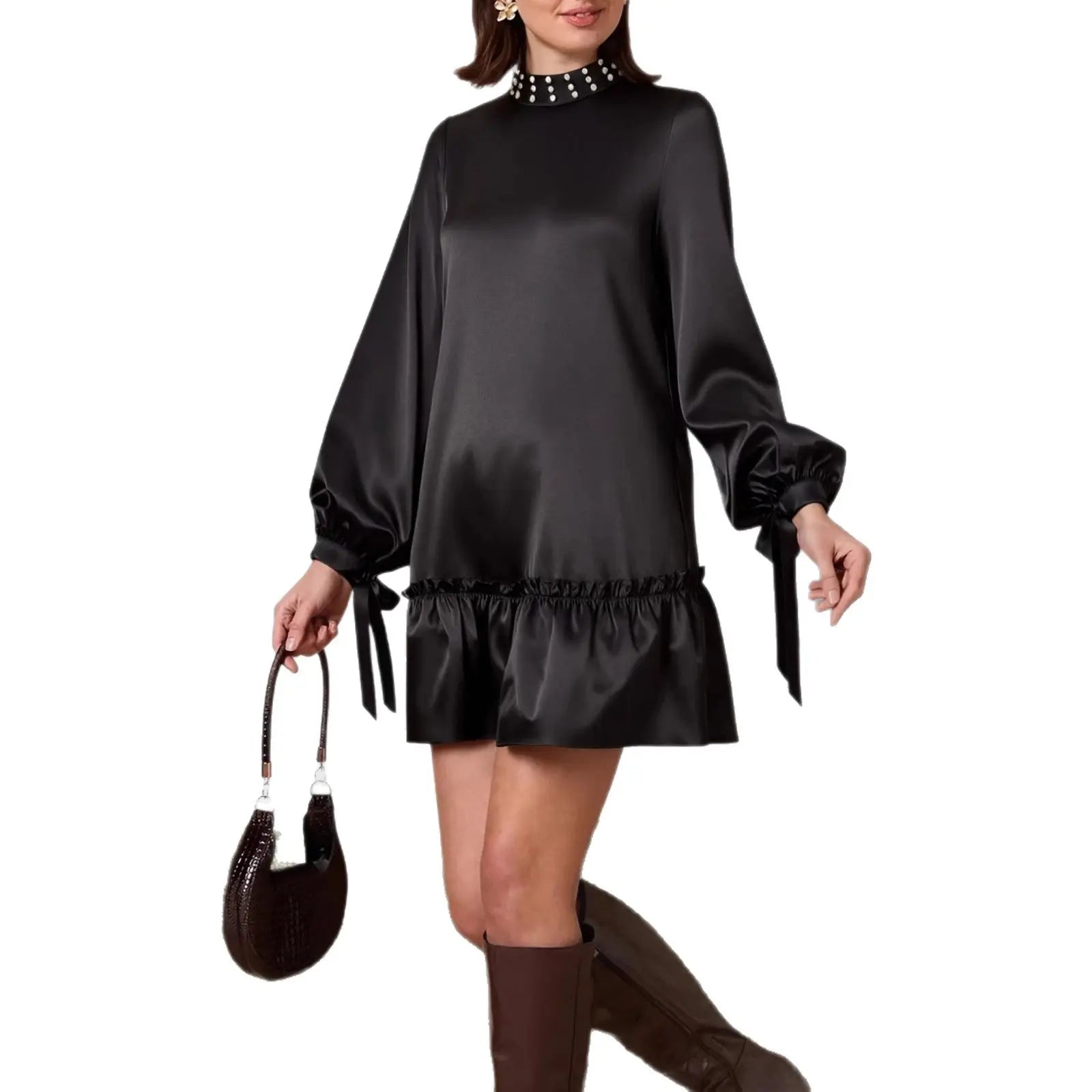Solid-color Satin Dress With Intricate Pearl Detailing At The Neckline style-haven-vwag8