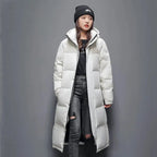 Long Hooded White Duck Down Coat — Below the Knee style-haven-vwag8