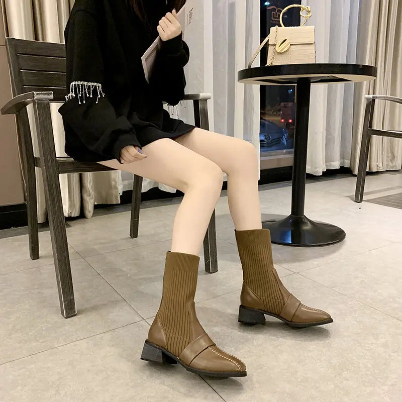 British Style Square Toe Mid-tube Knitted Martin Boots Women style-haven-vwag8