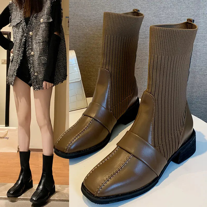 British Style Square Toe Mid-tube Knitted Martin Boots Women style-haven-vwag8
