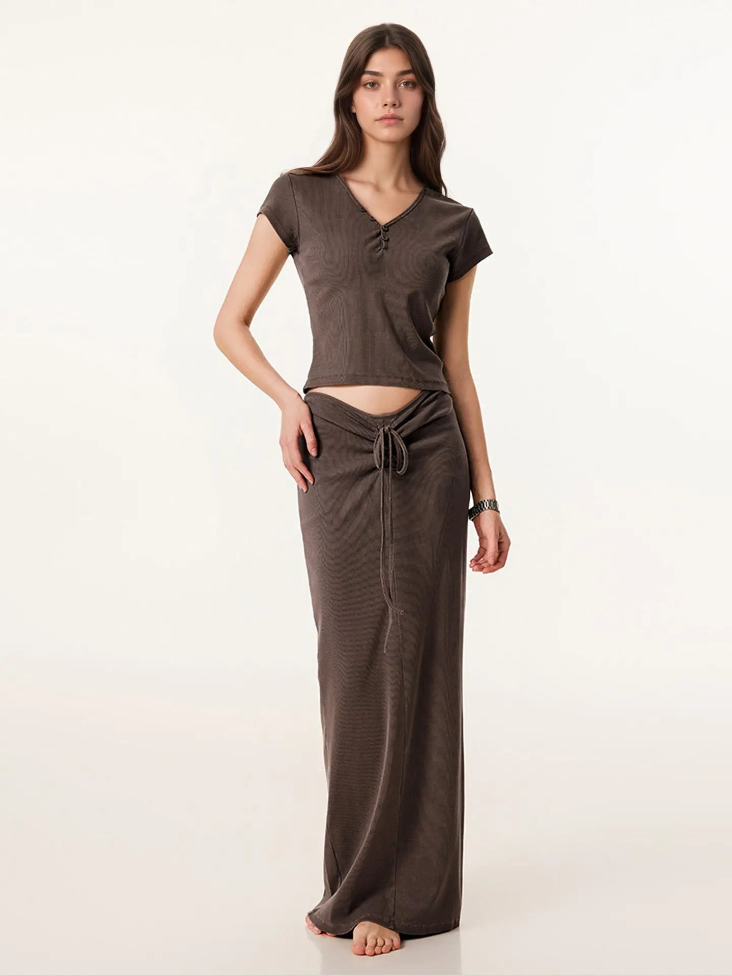 Small V-neck Drawstring Slimming Hip-hugging Skirt And V-neck Short-sleeve Top Womens New Set style-haven-vwag8