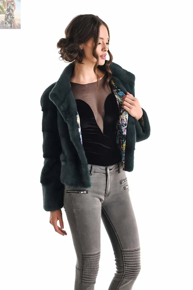 Olive Genuine Mink Fur Jacket