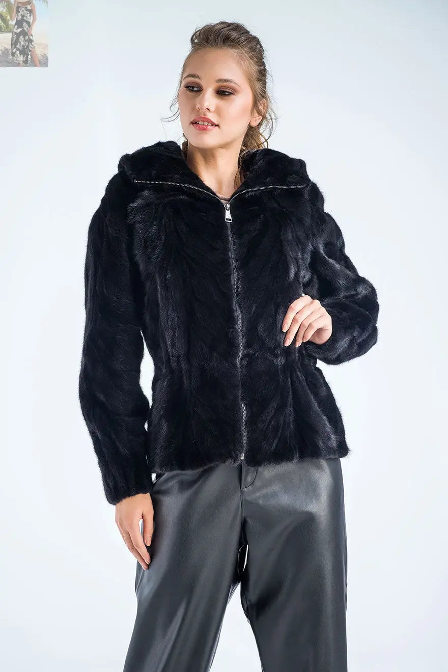 Black Genuine Mink Fur Hooded Jacket