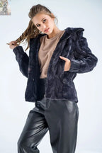 Gray Genuine Mink Fur Hooded Jacket