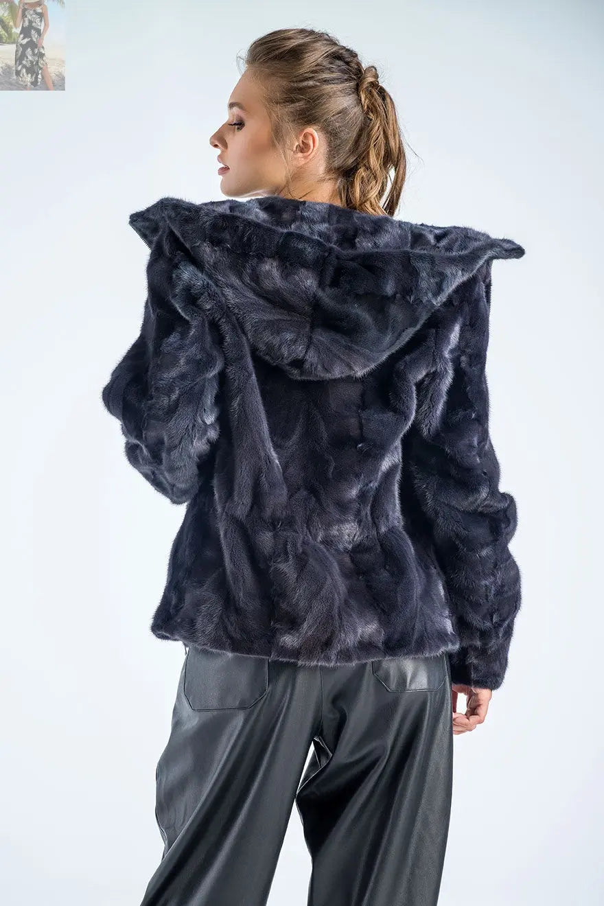 Gray Genuine Mink Fur Hooded Jacket