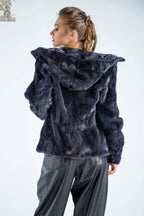 Gray Genuine Mink Fur Hooded Jacket