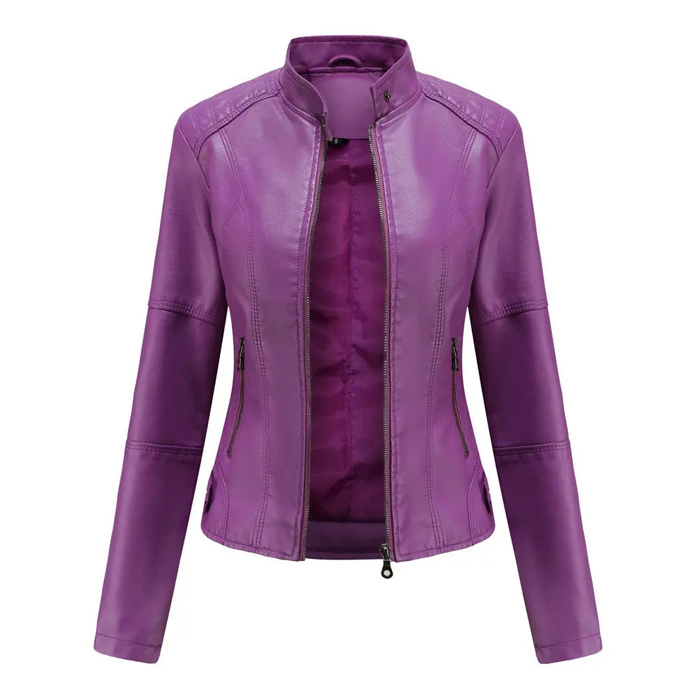 Women's Zip-up Leather Jackets Fashion Solid Color Pockets Stand Collar Top Outwear Clothing style-haven-vwag8