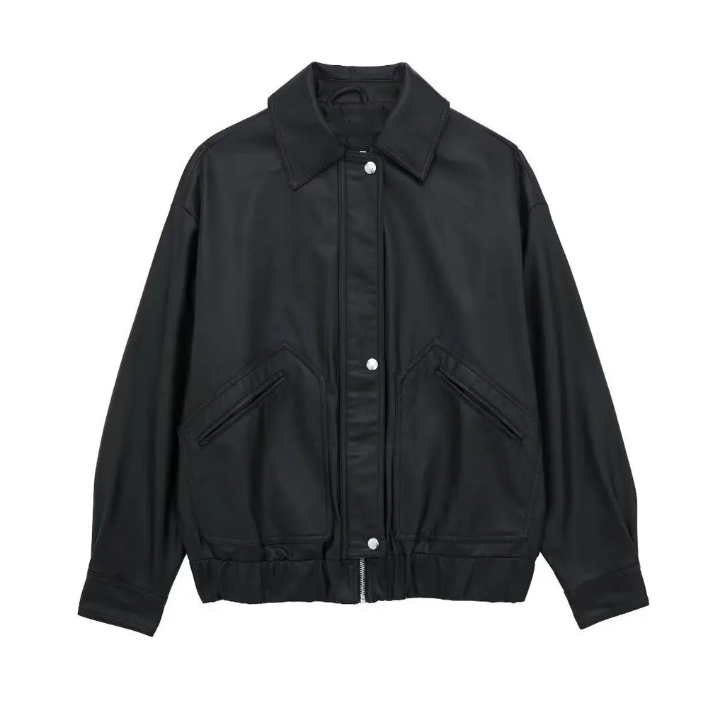 Women's Lapel Loose Faux Leather Bomber Jacket Coat Gear Hikes