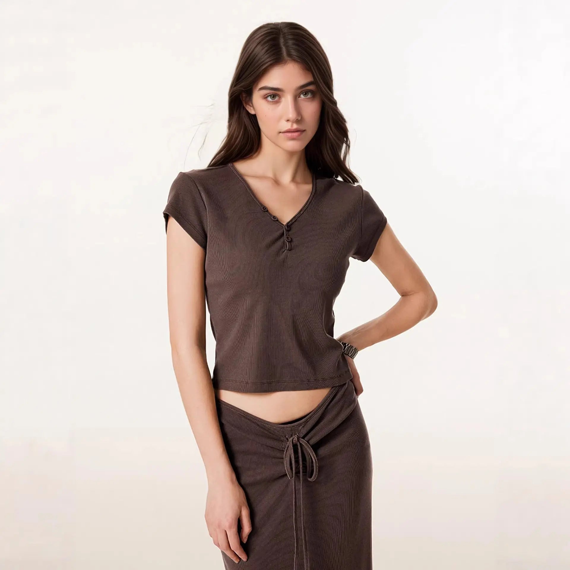 Small V-neck Drawstring Slimming Hip-hugging Skirt And V-neck Short-sleeve Top Womens New Set style-haven-vwag8