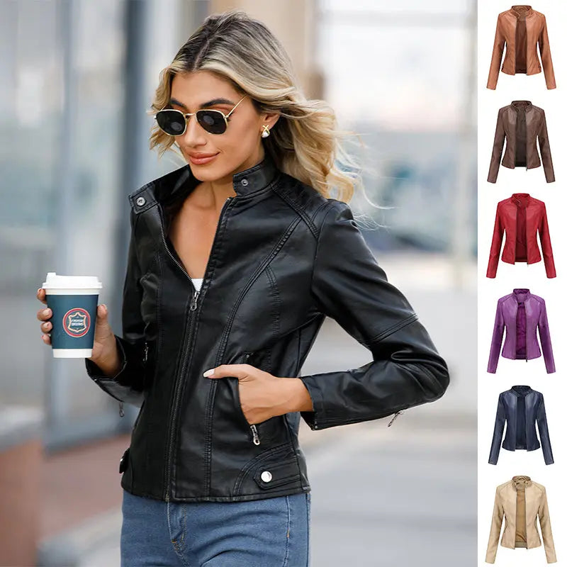 Women's Zip-up Leather Jackets Fashion Solid Color Pockets Stand Collar Top Outwear Clothing style-haven-vwag8