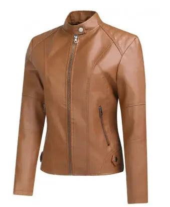 Women's Zip-up Leather Jackets Fashion Solid Color Pockets Stand Collar Top Outwear Clothing style-haven-vwag8
