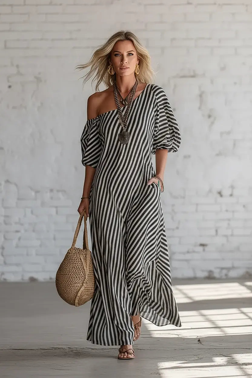 Black & White Striped Maxi Dress – Full Head Visible