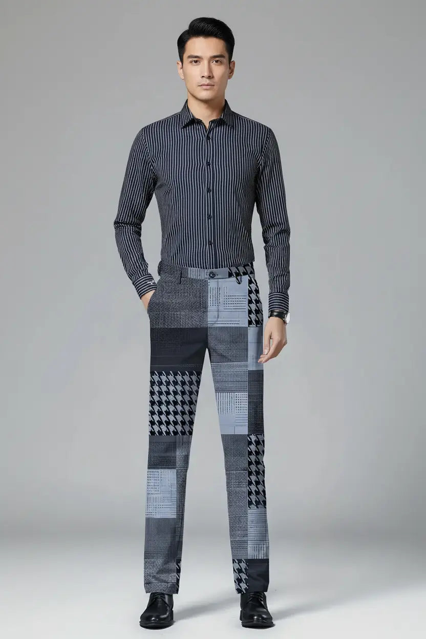 Blue Patchwork Trousers – Full Model View