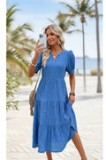 Women's Blue Tummy Coverage Short Sleeve Split Neck Dress Style Haven