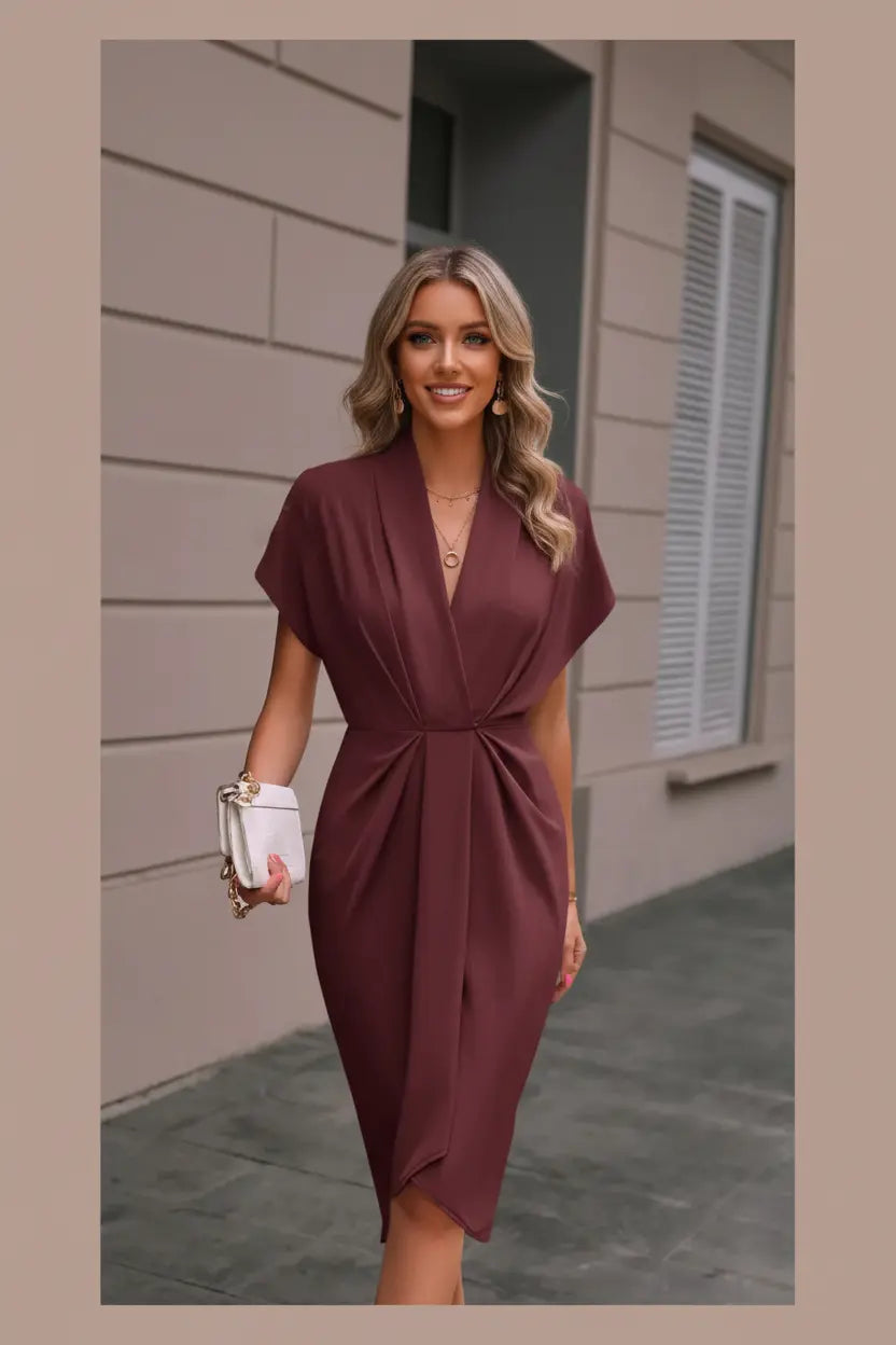 Burgundy V-Neck Wrap Dress - Full Head