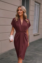 Burgundy V-Neck Wrap Dress Street - Full Head