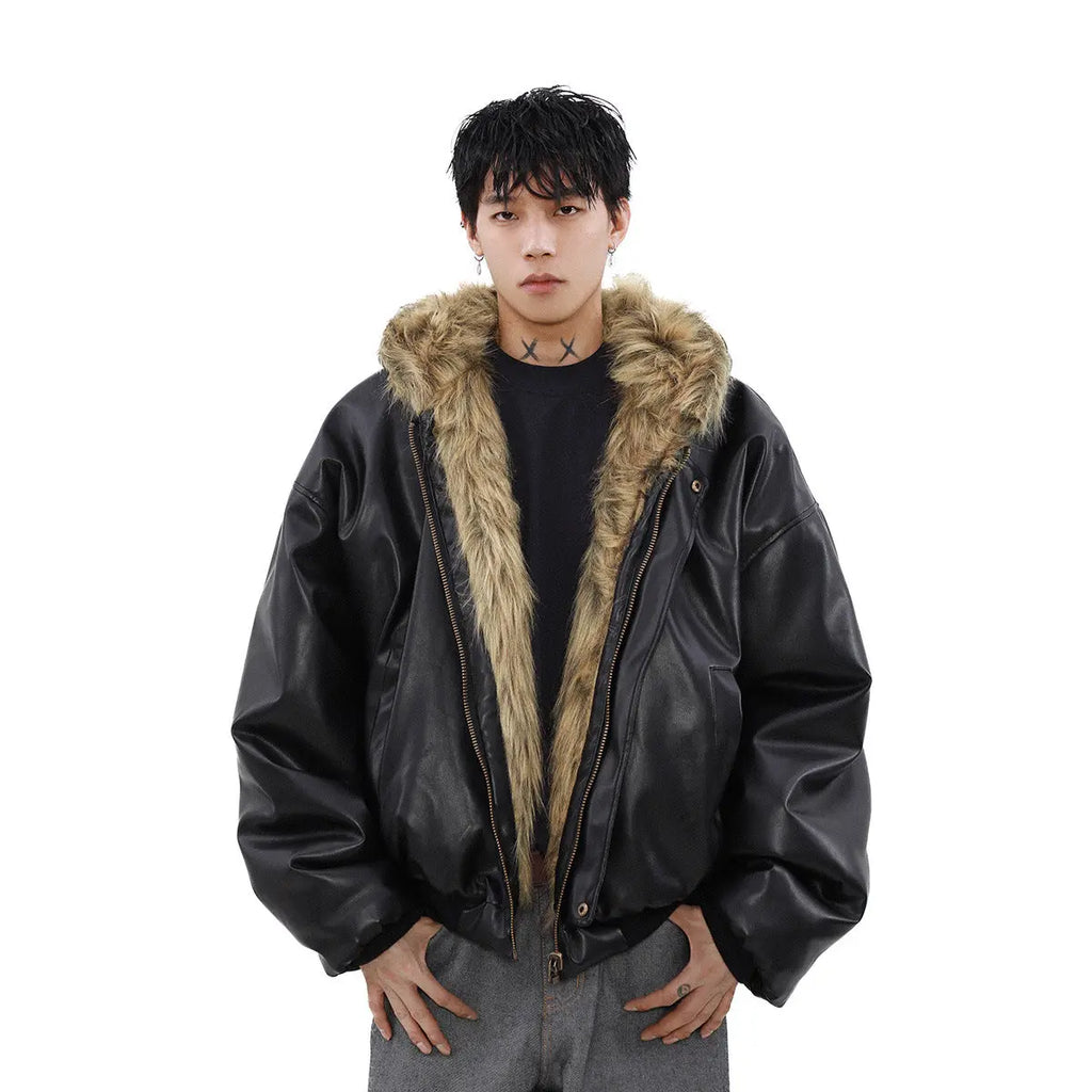 Men's Reversible Leather-and-Fur Hooded Winter Jacket style-haven-vwag8
