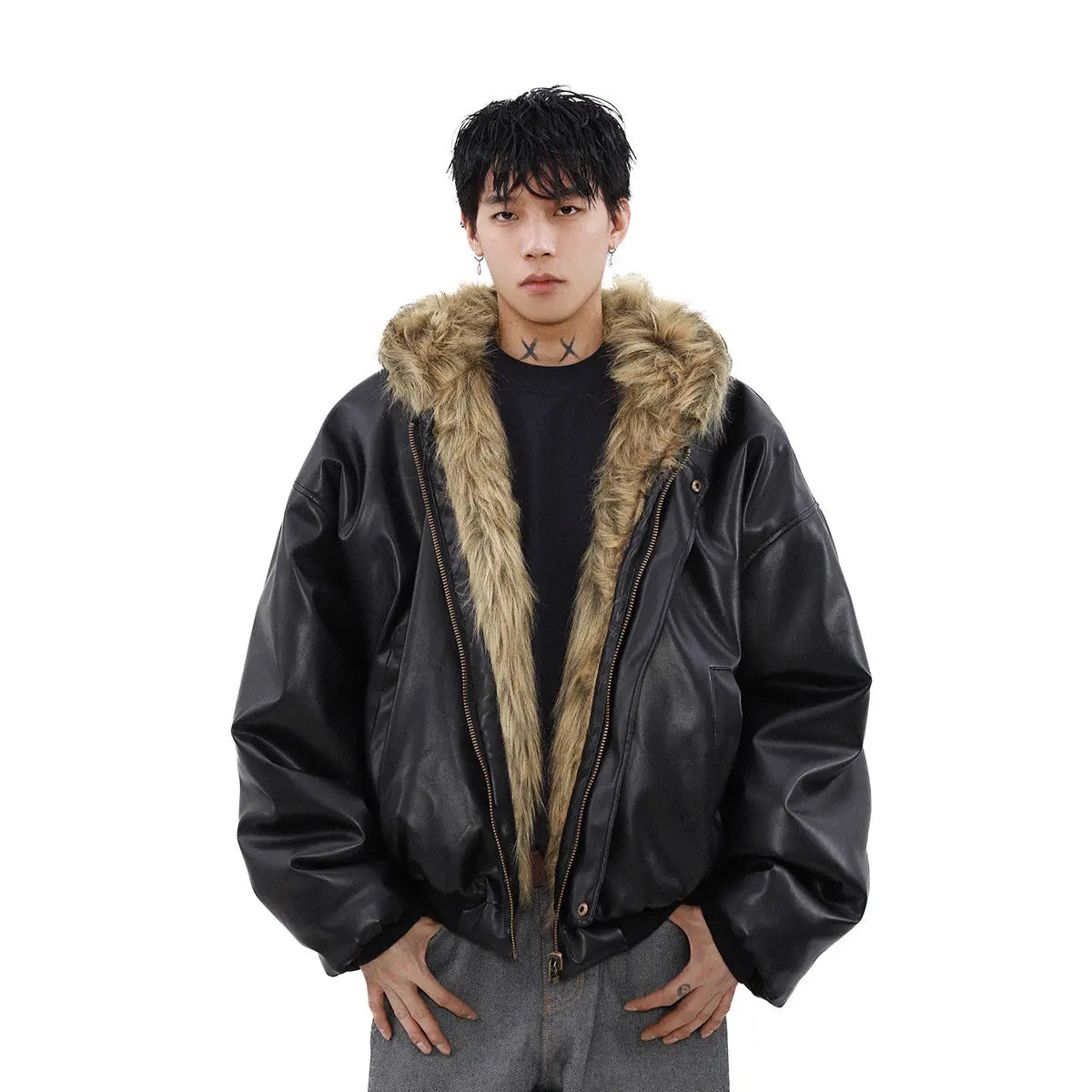 Men's Reversible Leather-and-Fur Hooded Winter Jacket style-haven-vwag8
