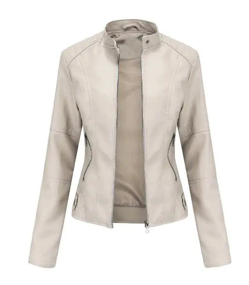 Women's Zip-up Leather Jackets Fashion Solid Color Pockets Stand Collar Top Outwear Clothing style-haven-vwag8