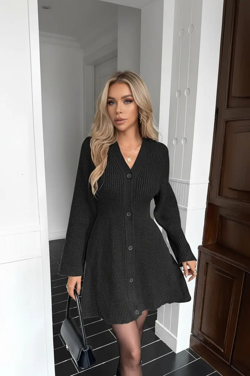 Expanded Black Knit Cardigan Dress