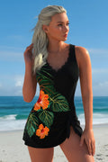 Modlily Lace V-Neck Tropical Floral Black One Piece Swimdress Modlily