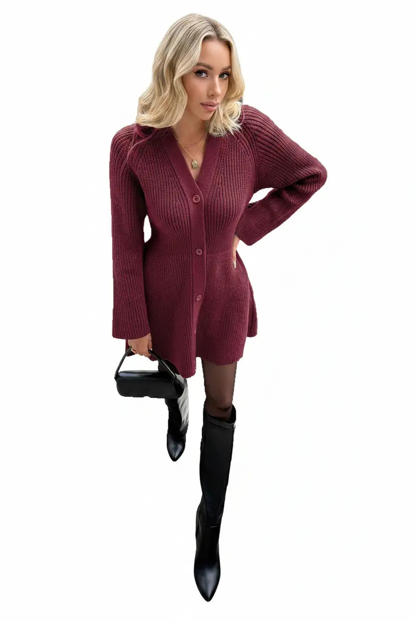 Expanded Burgundy Knit Cardigan Dress White Background