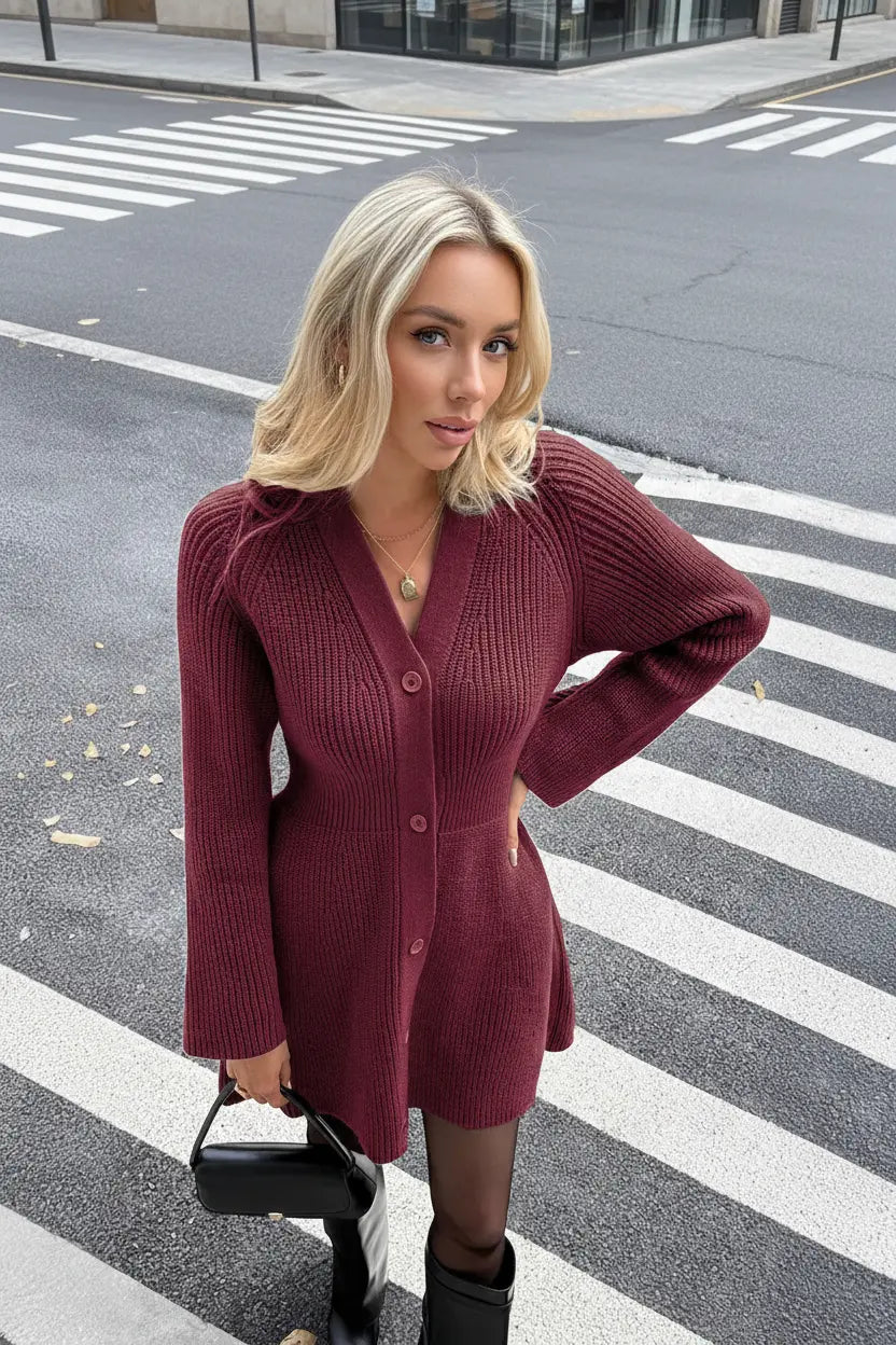 Expanded Burgundy Knit Cardigan Dress