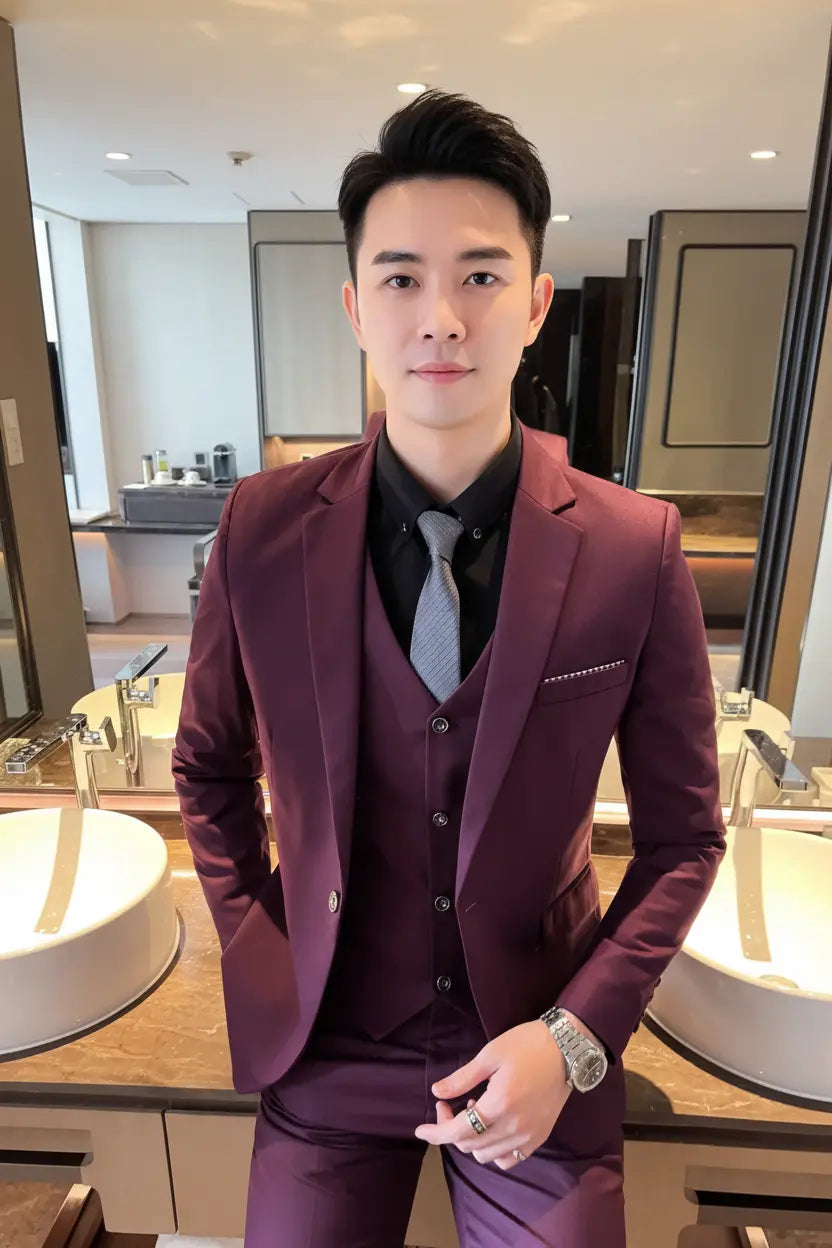 Expanded Burgundy Three-Piece Suit Bathroom - Full Model
