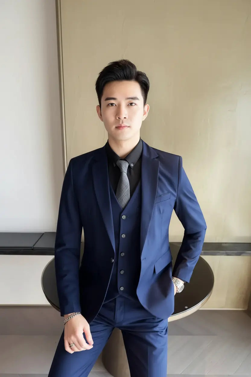 Expanded Navy Blue Three-Piece Suit Minimalist - Full Model