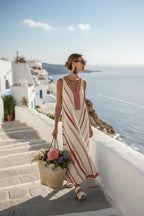 Expanded Red Stripe Maxi Dress – Santorini Full Sky